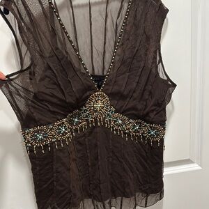 Y2K Embellished turquoise beaded line sheer Brown Top.